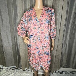 LOFT Pink Floral Swing Dress 3/4 Sleeve Lined Embroidered Scalloped Hem Size 16P